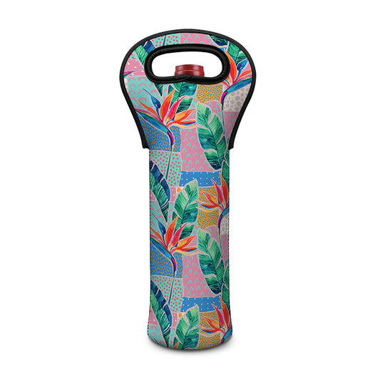 Watercolor Tropical Patchwork Print Single Neoprene Wine Tote