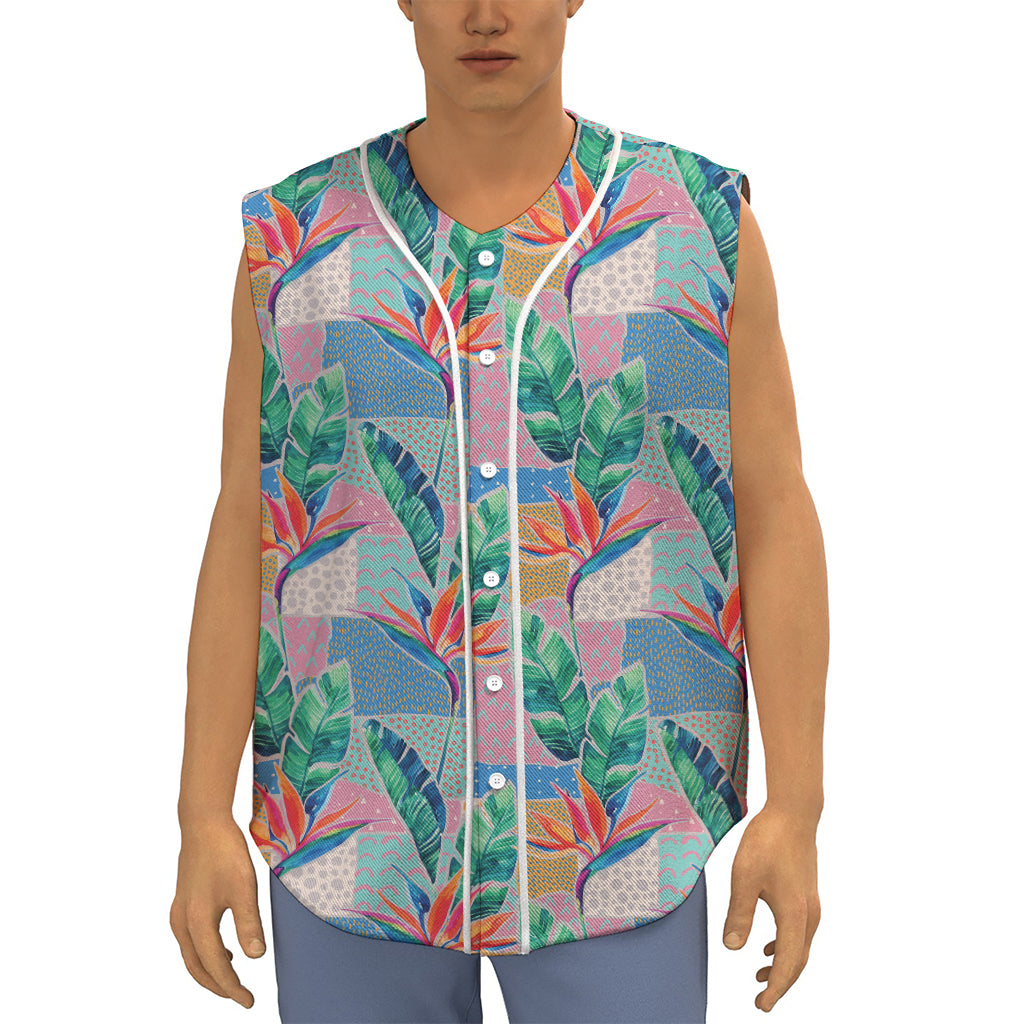 Watercolor Tropical Patchwork Print Sleeveless Baseball Jersey