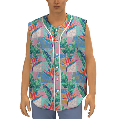 Watercolor Tropical Patchwork Print Sleeveless Baseball Jersey