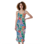 Watercolor Tropical Patchwork Print Slim Fit Midi Cami Dress
