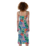Watercolor Tropical Patchwork Print Slim Fit Midi Cami Dress