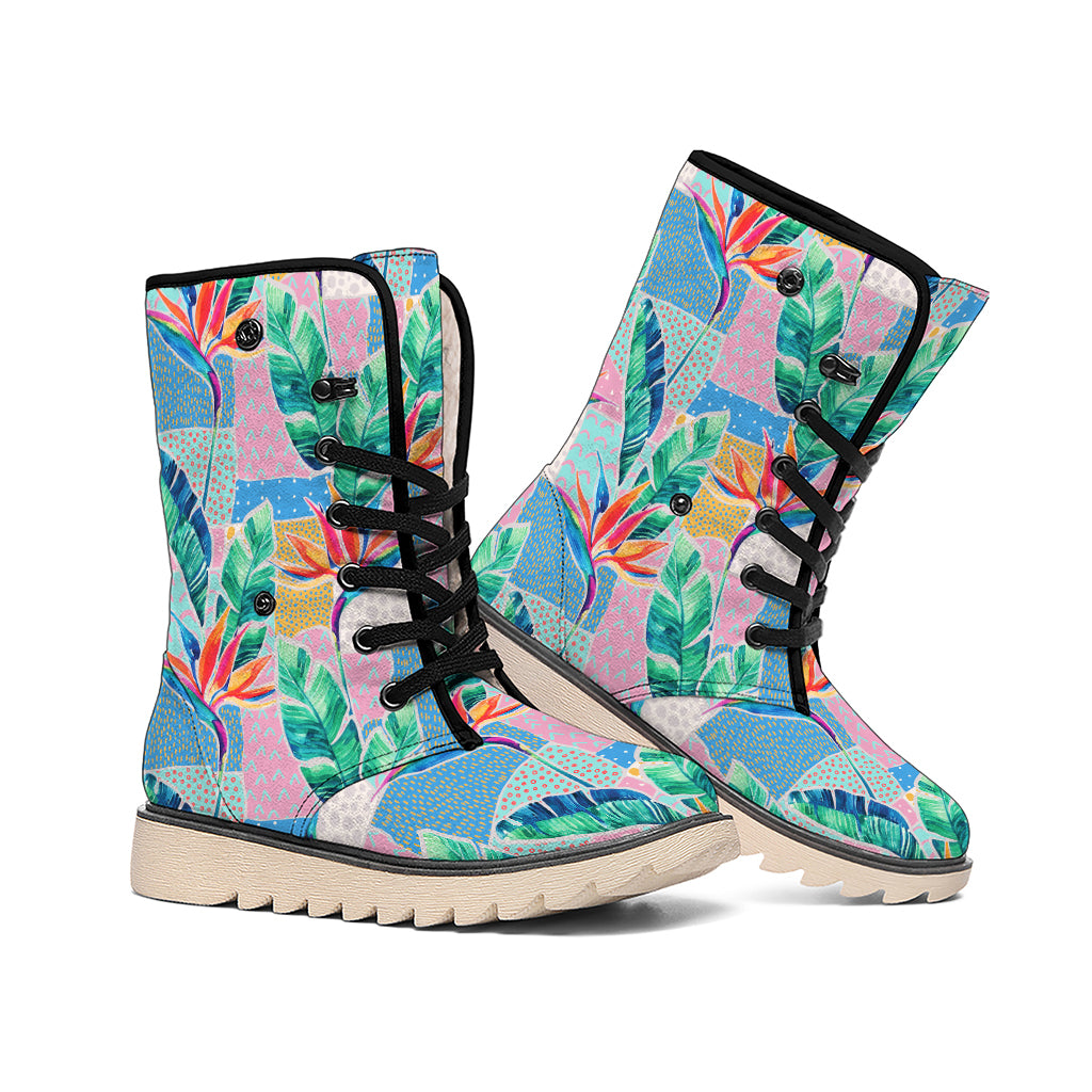 Watercolor Tropical Patchwork Print Winter Boots