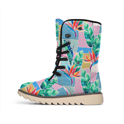 Watercolor Tropical Patchwork Print Winter Boots