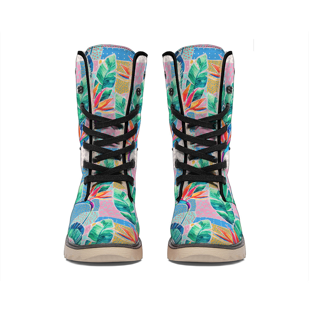 Watercolor Tropical Patchwork Print Winter Boots