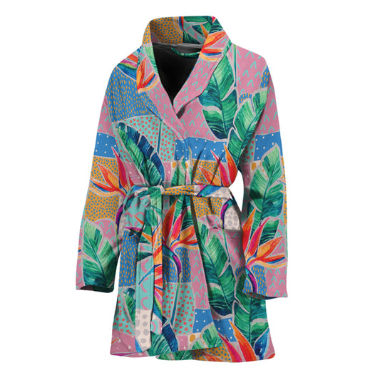 Watercolor Tropical Patchwork Print Women's Bathrobe