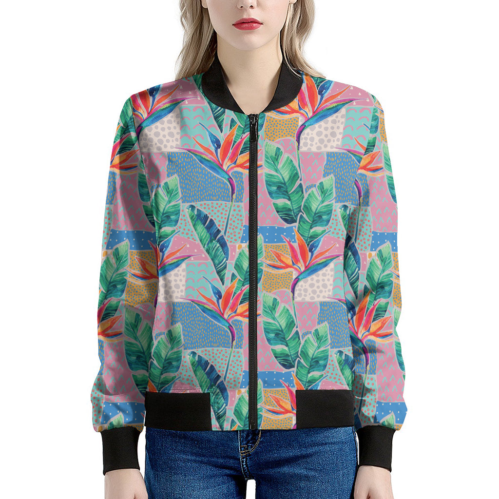 Watercolor Tropical Patchwork Print Women's Bomber Jacket