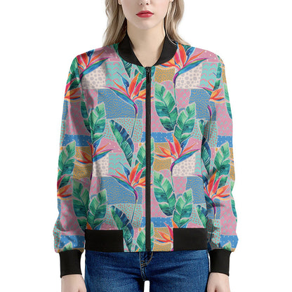 Watercolor Tropical Patchwork Print Women's Bomber Jacket