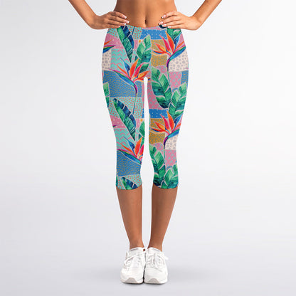 Watercolor Tropical Patchwork Print Women's Capri Leggings