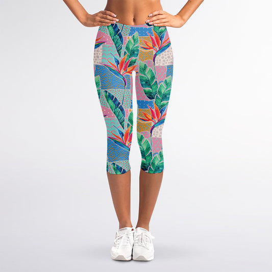 Watercolor Tropical Patchwork Print Women's Capri Leggings
