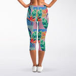 Watercolor Tropical Patchwork Print Women's Capri Leggings