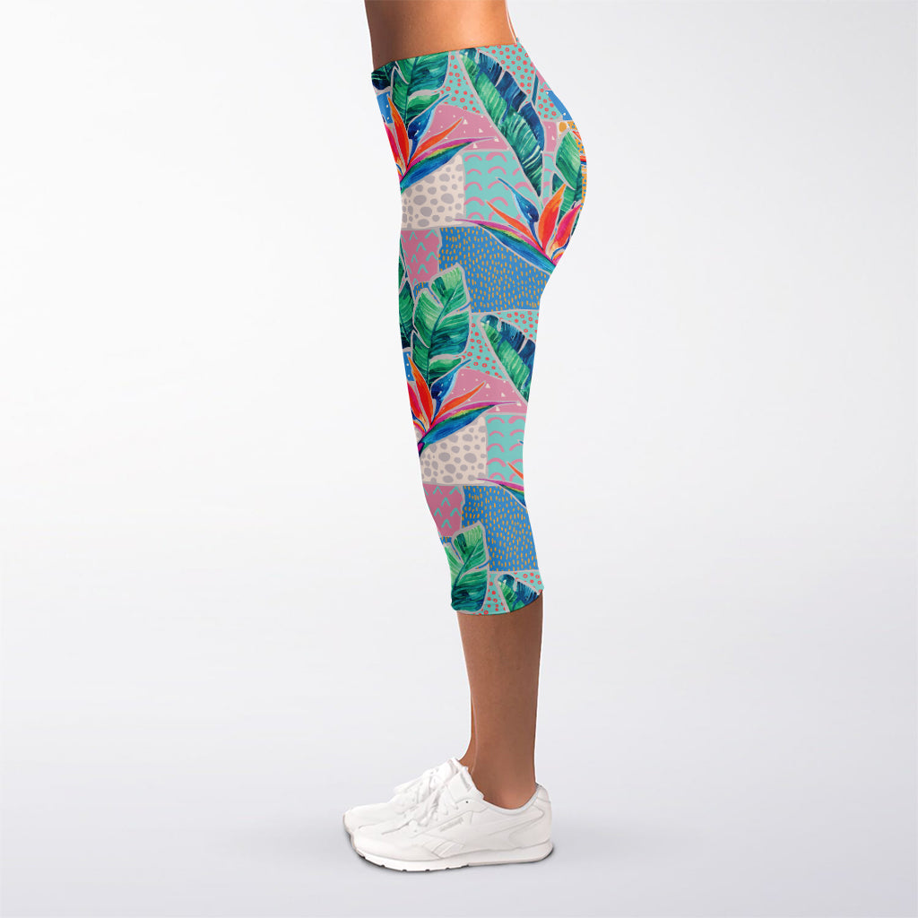 Watercolor Tropical Patchwork Print Women's Capri Leggings
