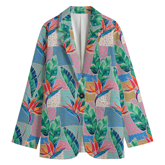 Watercolor Tropical Patchwork Print Women's Cotton Blazer