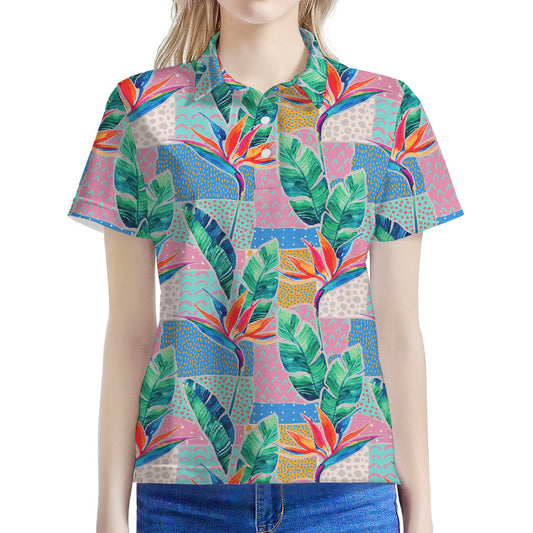 Watercolor Tropical Patchwork Print Women's Polo Shirt