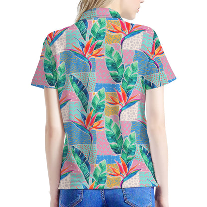 Watercolor Tropical Patchwork Print Women's Polo Shirt
