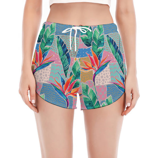 Watercolor Tropical Patchwork Print Women's Split Running Shorts