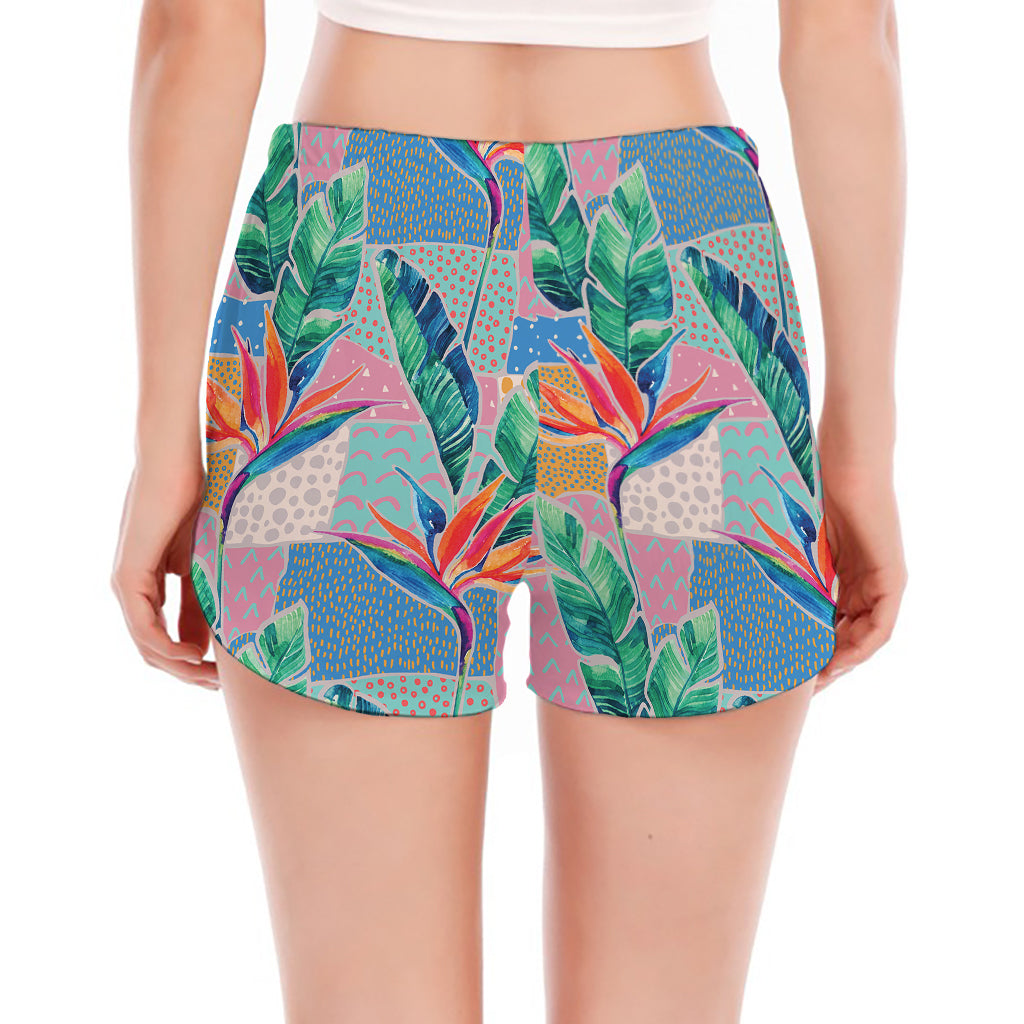 Watercolor Tropical Patchwork Print Women's Split Running Shorts