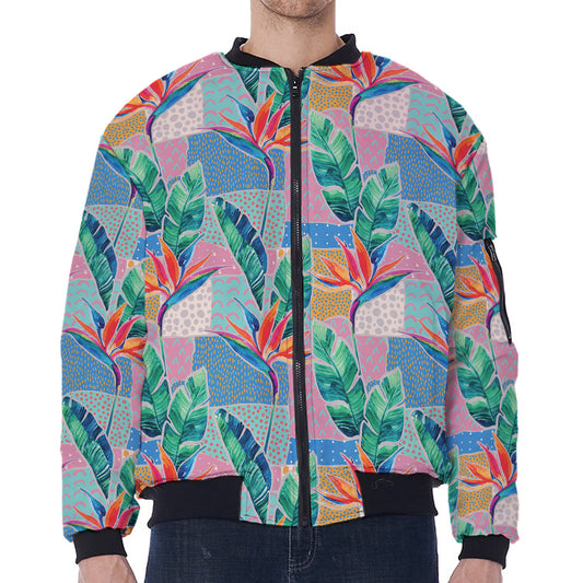 Watercolor Tropical Patchwork Print Zip Sleeve Bomber Jacket