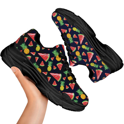Watercolor Tropical Pattern Print Black Chunky Shoes
