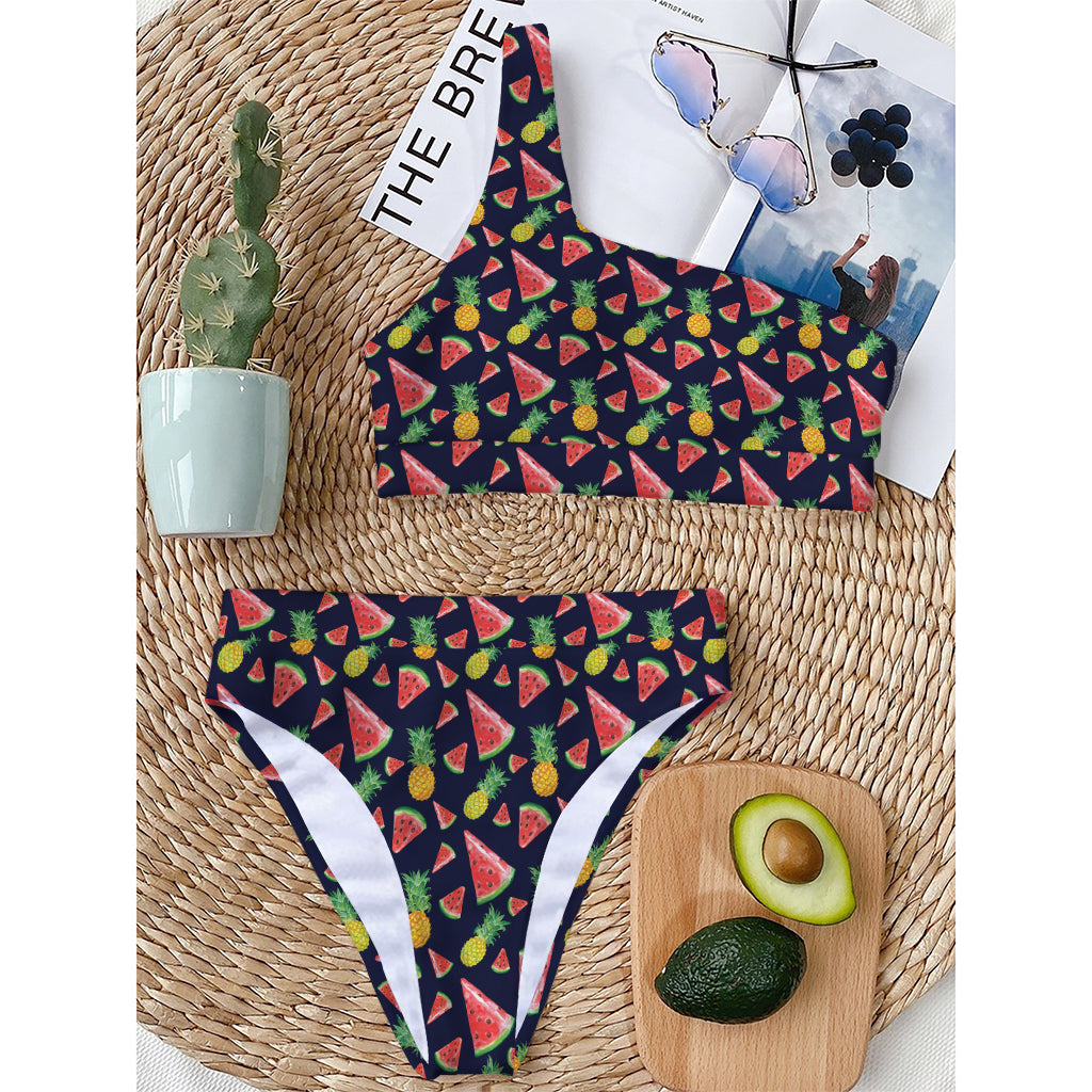 Watercolor Tropical Pattern Print One Shoulder Bikini Top
