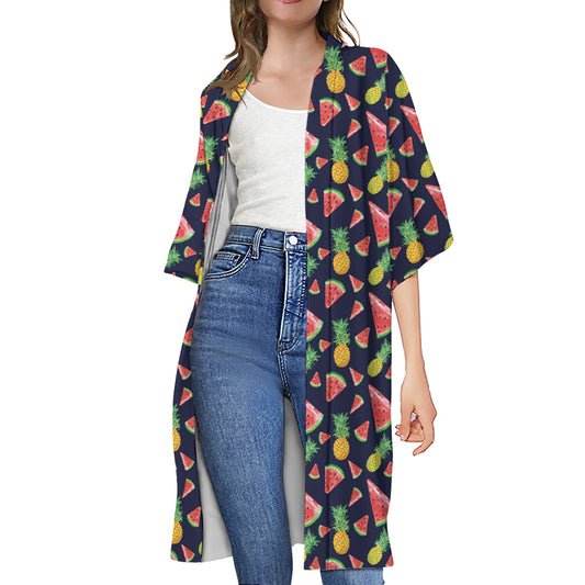 Watercolor Tropical Pattern Print Open Front Beach Cover Up