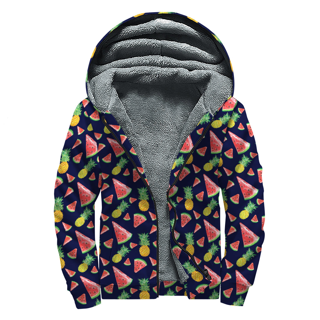 Watercolor Tropical Pattern Print Sherpa Lined Zip Up Hoodie