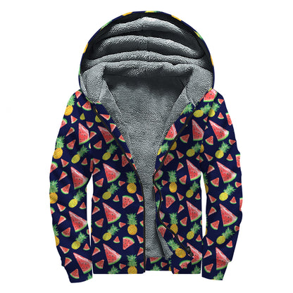 Watercolor Tropical Pattern Print Sherpa Lined Zip Up Hoodie
