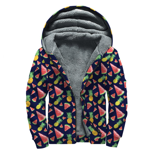 Watercolor Tropical Pattern Print Sherpa Lined Zip Up Hoodie