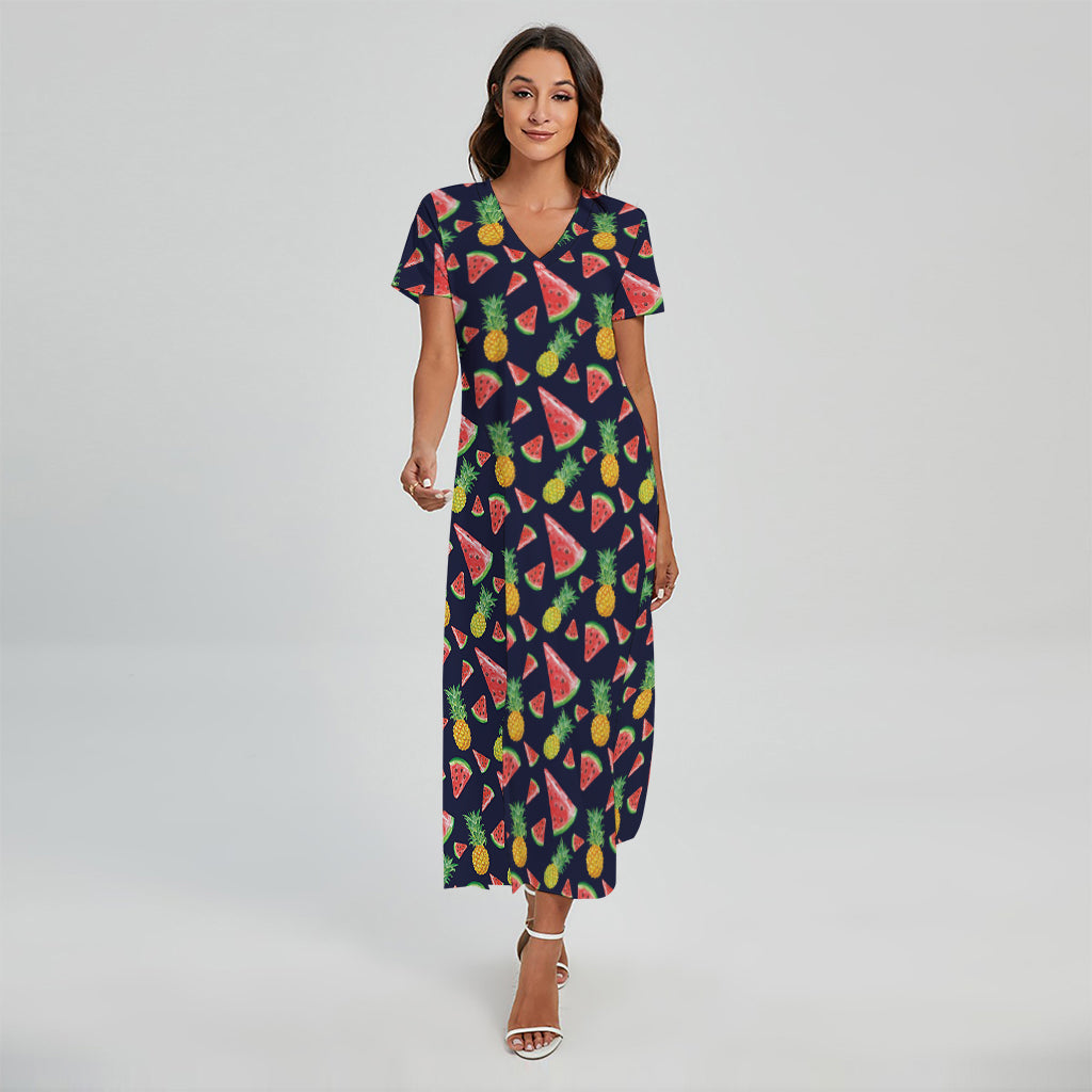 Watercolor Tropical Pattern Print Short Sleeve Maxi Dress