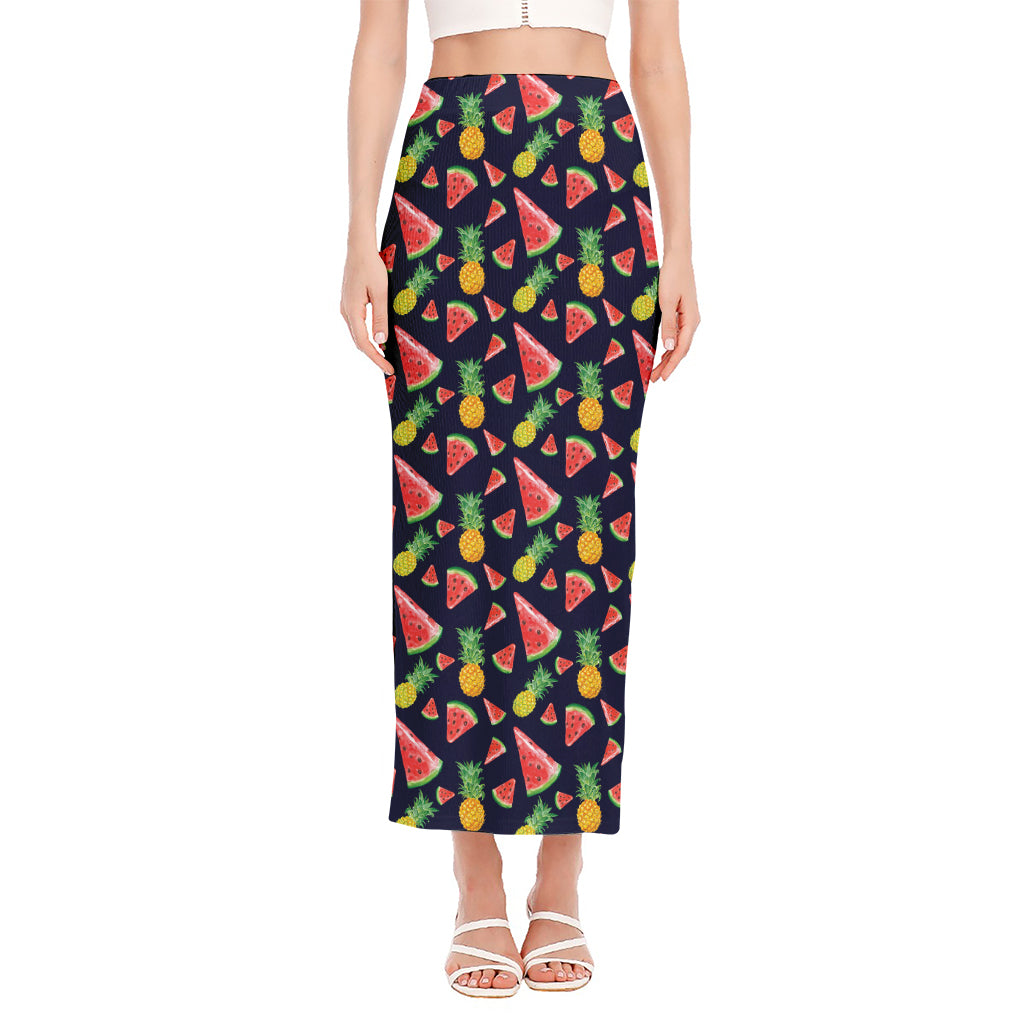 Watercolor Tropical Pattern Print Side Slit Maxi Skirt