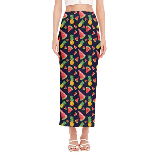 Watercolor Tropical Pattern Print Side Slit Maxi Skirt