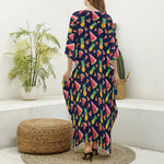 Watercolor Tropical Pattern Print Silk V-Neck Kaftan Dress