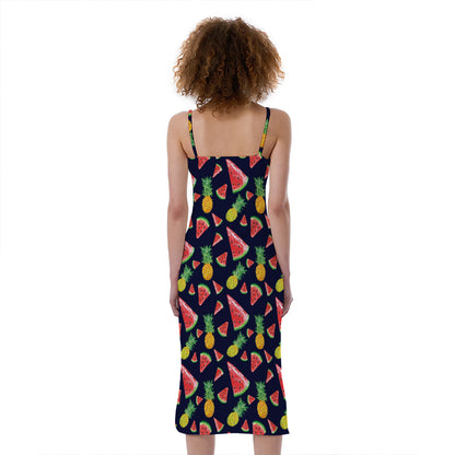 Watercolor Tropical Pattern Print Slim Fit Midi Cami Dress