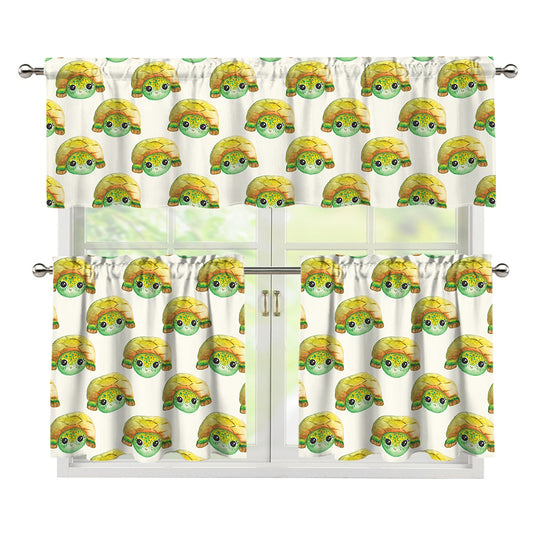 Watercolor Turtle Pattern Print 3 Piece Kitchen Curtains