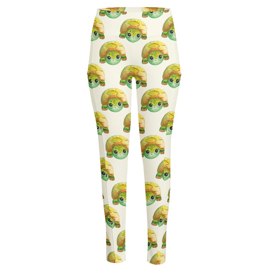 Watercolor Turtle Pattern Print High-Waisted Pocket Leggings