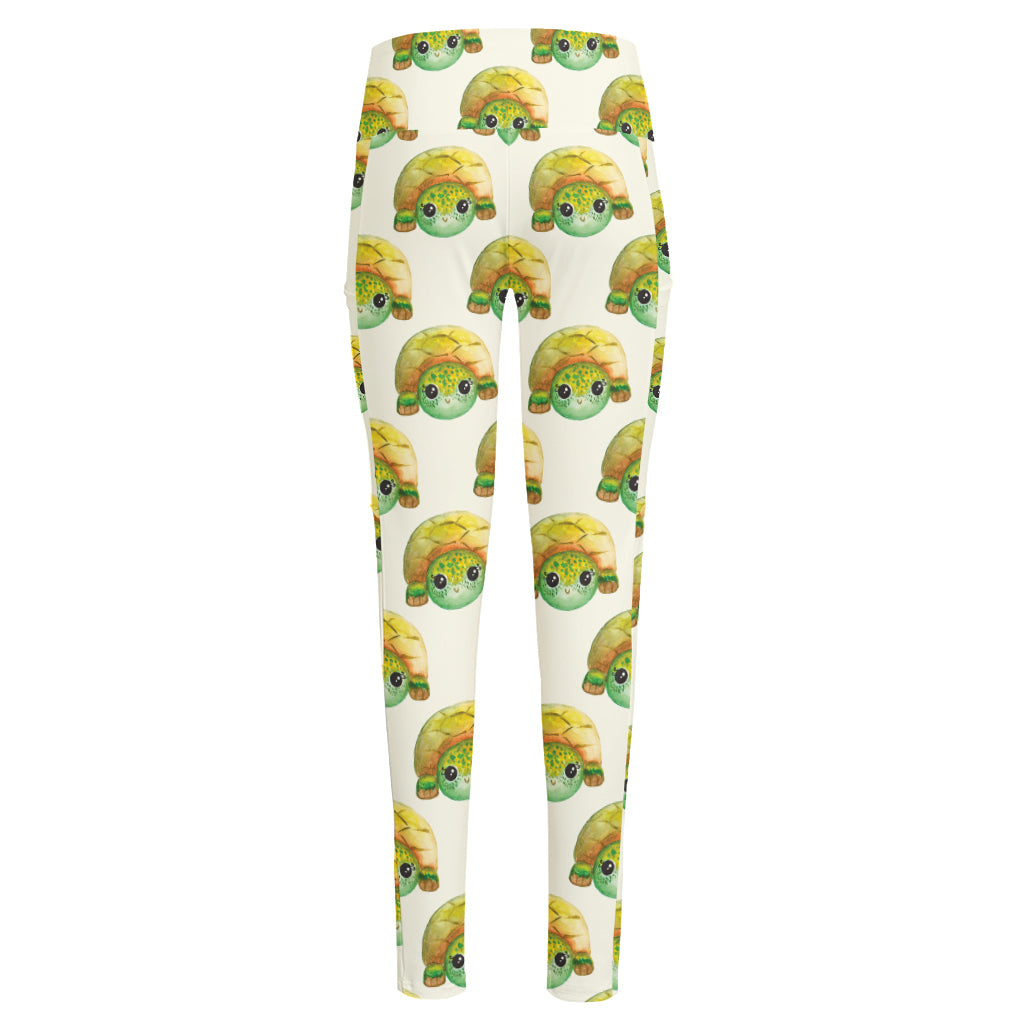 Watercolor Turtle Pattern Print High-Waisted Pocket Leggings