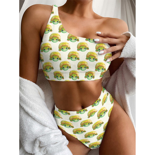 Watercolor Turtle Pattern Print One Shoulder Bikini Top