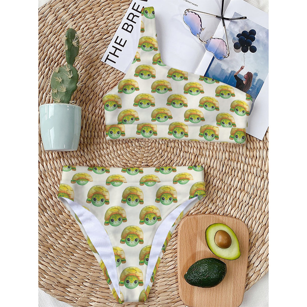 Watercolor Turtle Pattern Print One Shoulder Bikini Top