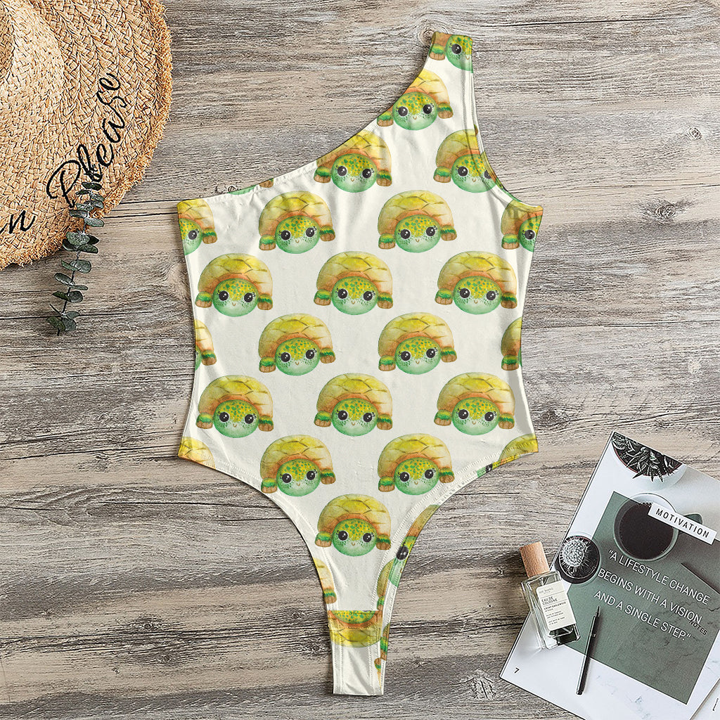 Watercolor Turtle Pattern Print One Shoulder Bodysuit