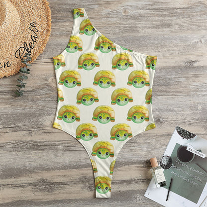 Watercolor Turtle Pattern Print One Shoulder Bodysuit