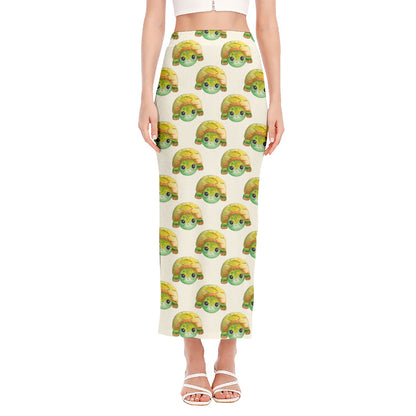 Watercolor Turtle Pattern Print Side Slit Maxi Skirt
