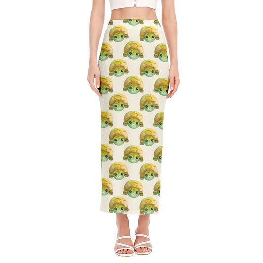 Watercolor Turtle Pattern Print Side Slit Maxi Skirt