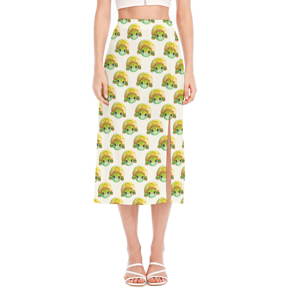Watercolor Turtle Pattern Print Side Slit Midi Skirt