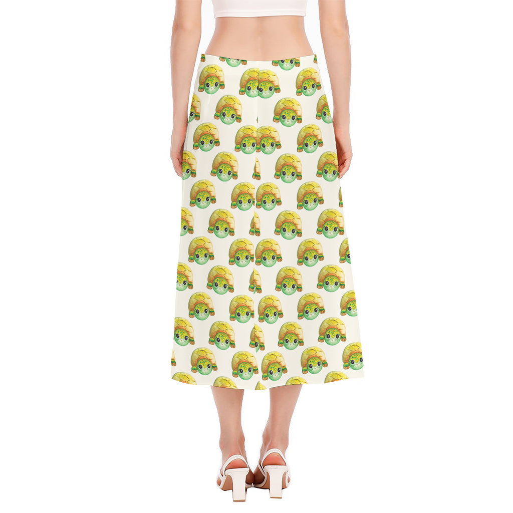 Watercolor Turtle Pattern Print Side Slit Midi Skirt