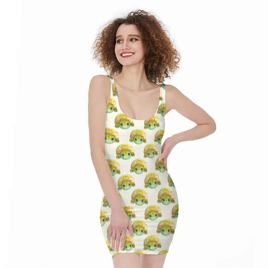 Watercolor Turtle Pattern Print Sleeveless Bodycon Dress