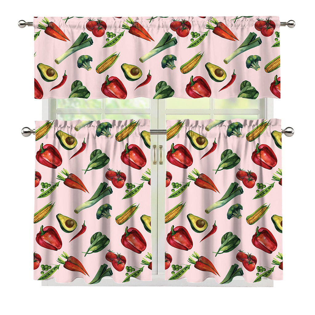 Watercolor Vegan Pattern Print 3 Piece Kitchen Curtains