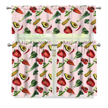 Watercolor Vegan Pattern Print 3 Piece Kitchen Curtains