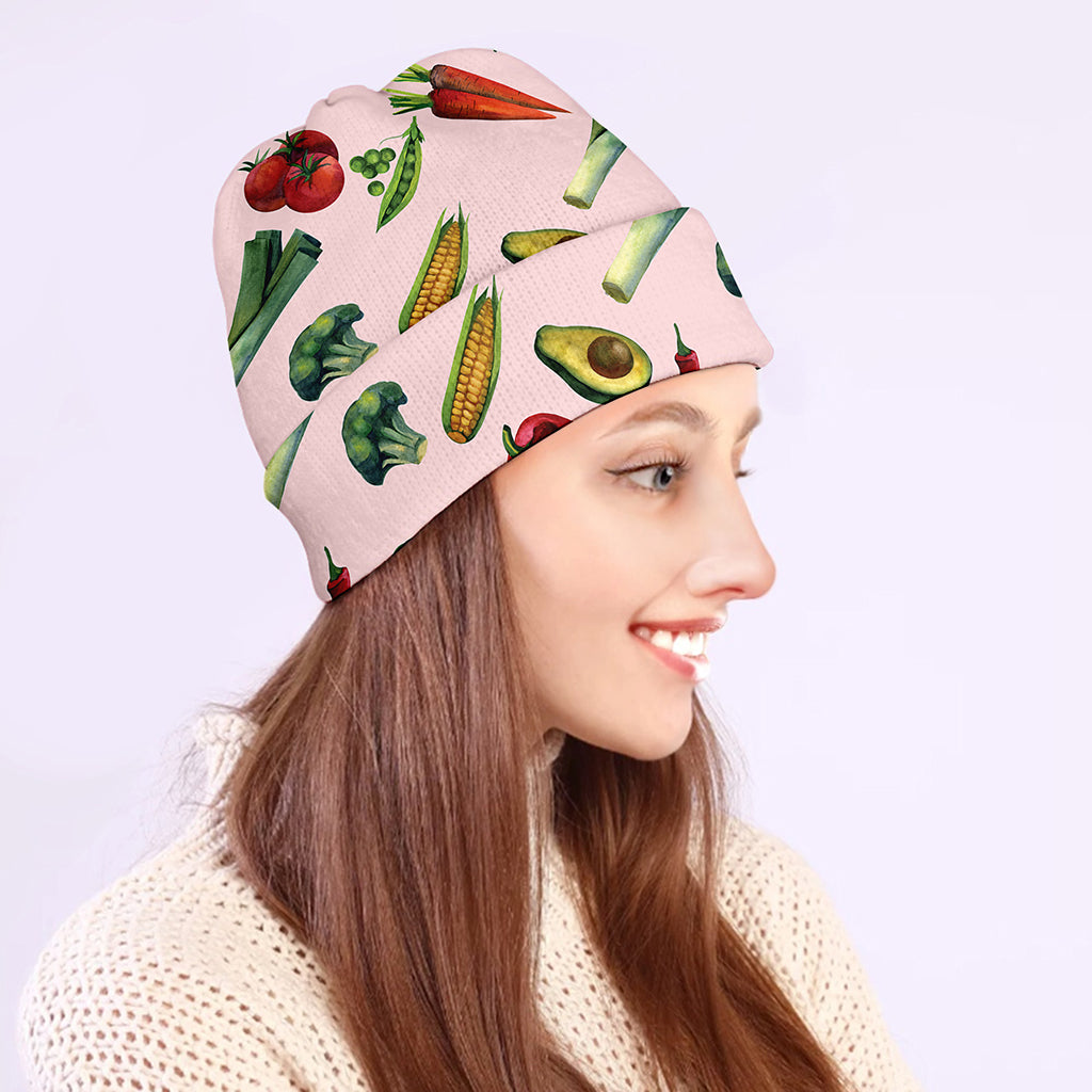 Watercolor Vegan Pattern Print Beanie
