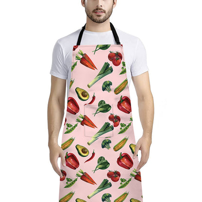 Watercolor Vegan Pattern Print Bib Apron With Pocket