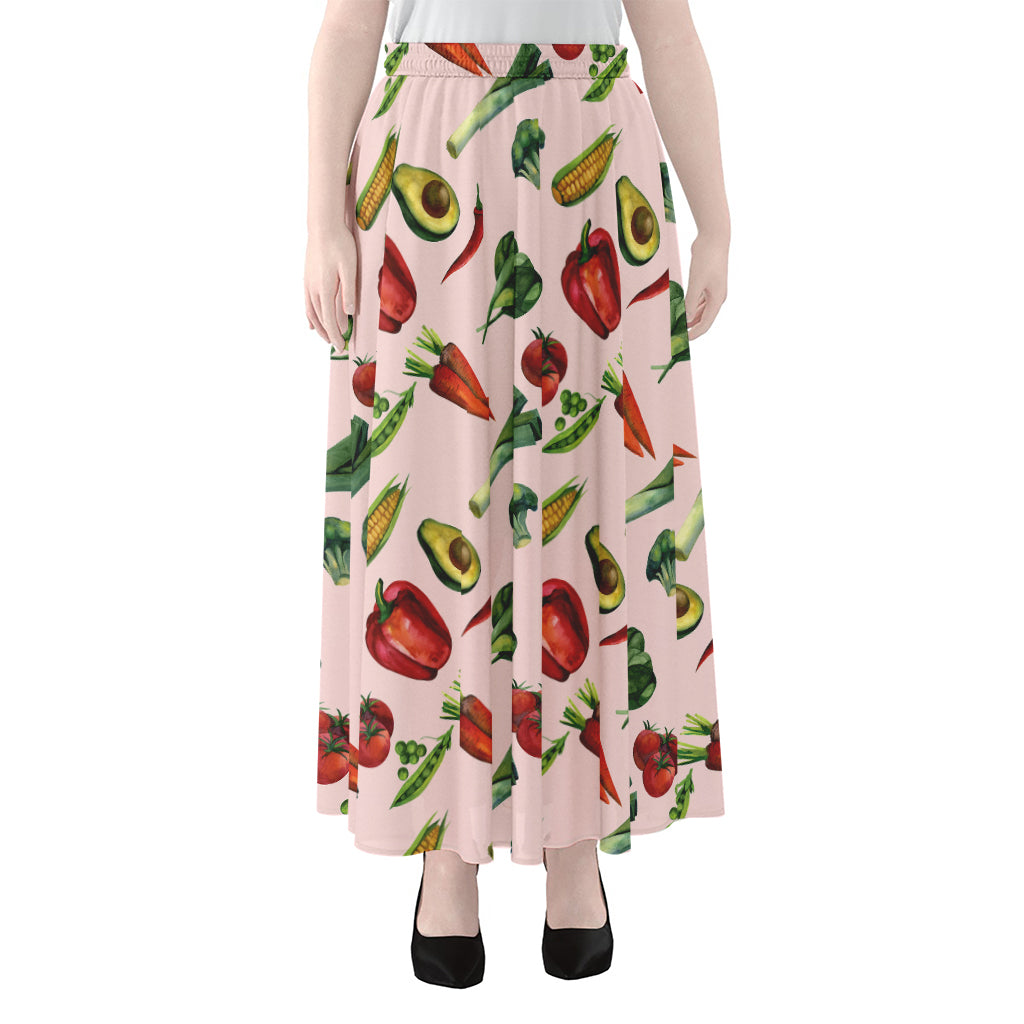 Watercolor Vegan Pattern Print Chiffon Maxi Skirt