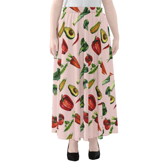 Watercolor Vegan Pattern Print Chiffon Maxi Skirt